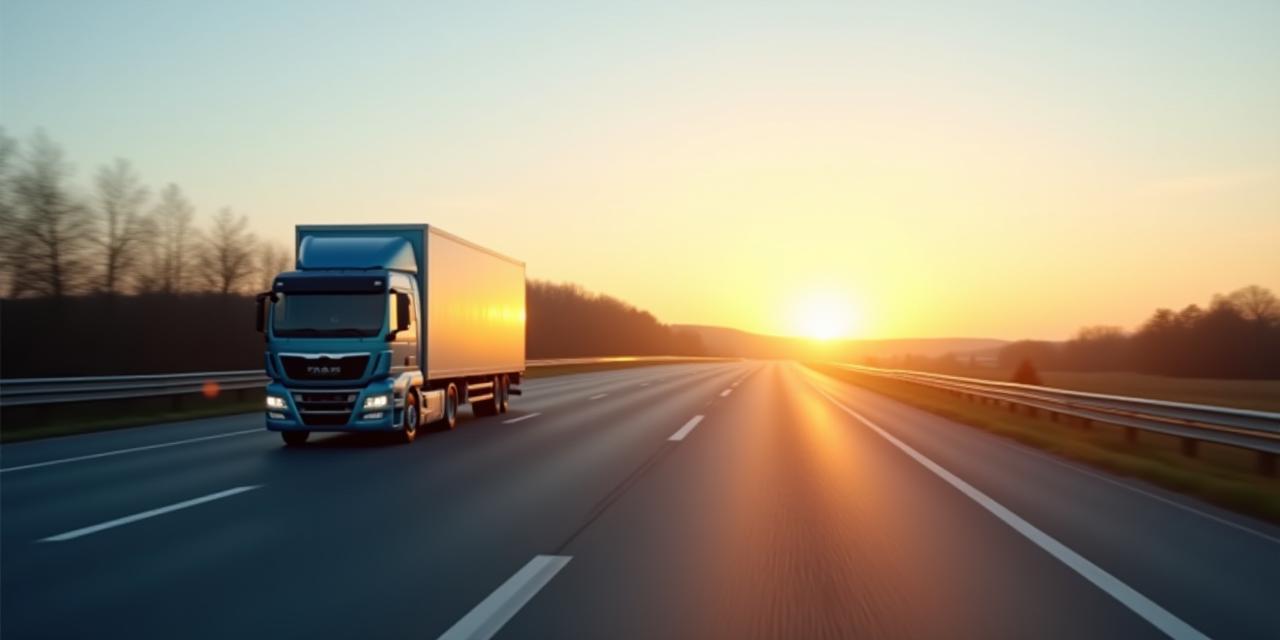 LKW unterwegs auf deutschen Autobahnen bei Sonnenaufgang
